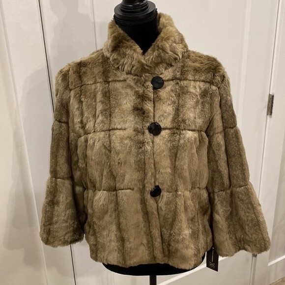 INC Swing coat NWT 3/4 sleeve faux fur by International Concept Brown Size Large - Picture 11 of 15